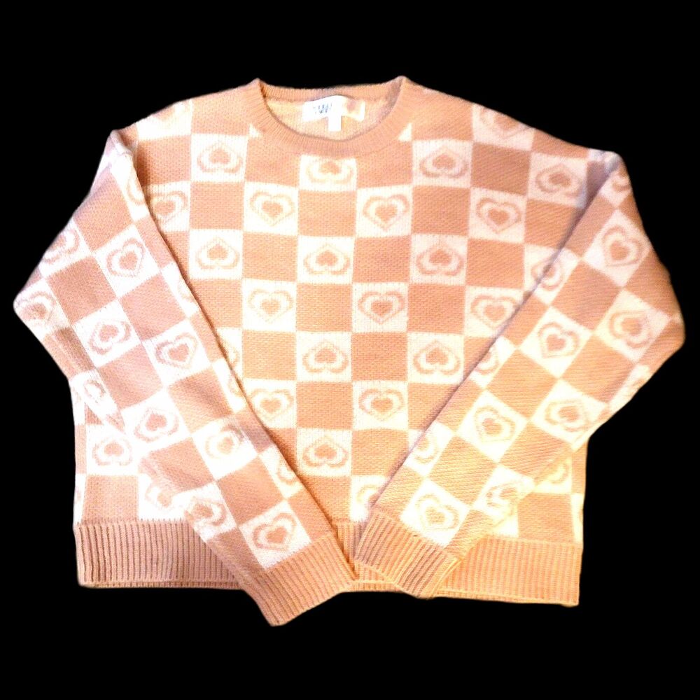 Stella Tweed Girls Pink Heart and Checkerboard Patterned Sweater Size Medium‎